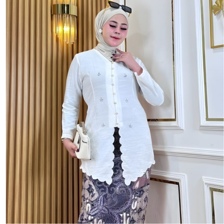 Tunik Wanita Polos Lengan Panjang Kancing Depan Kombinasi Bordir / Atasan Wanita Model Kebaya