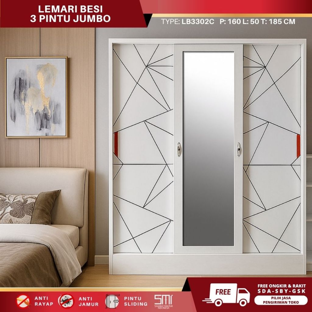 Lemari Pakaian Besi 3 Pintu Sliding 160 cm, Lemari Besi Sliding, Lemari Baju Besi Anti Rayap & Jamur