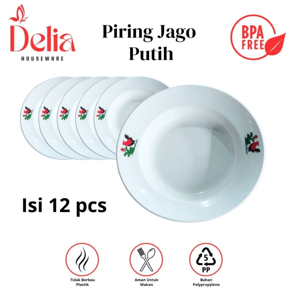 (12 pcs) Piring 9 Jago Putih/Piring Makan Plastik/Piring Plastik Jago Putih Anti Pecah