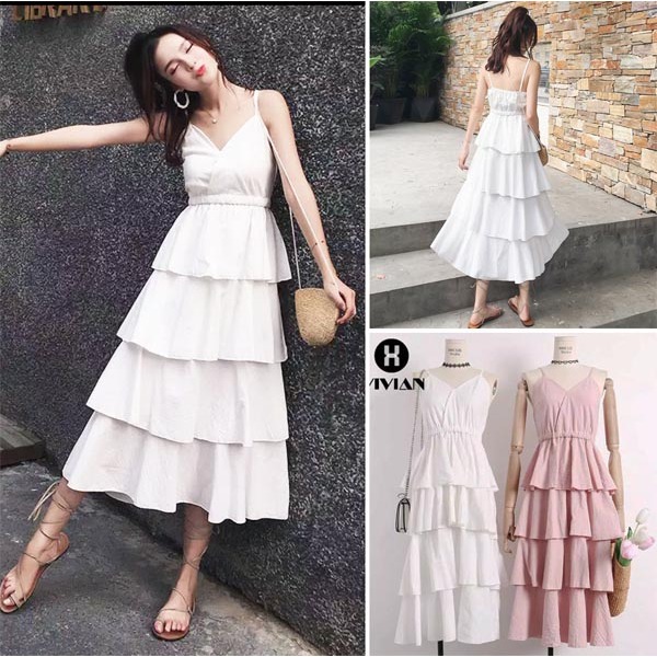 Midi dress party sexy gaun dress pesta ruffles wanita import korea