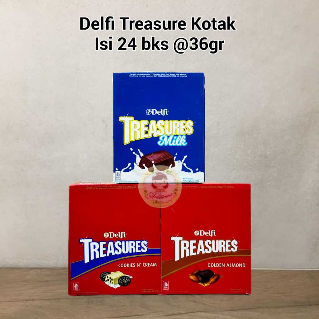 

Delfi treasure almond cookies & cream milk chocolate sekotak isi 24bks ( ds bgr )