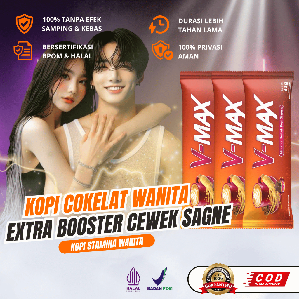 

V-MAX Minuman Bubuk Kopi Ginseng Rasa Cokelat Khusus Wanita Tahan Lama Kemasan 3 Sachet Bpom & Halal