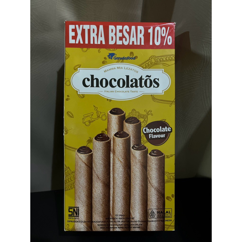 

Chocolatos Coklat/ Wafer Roll Coklat 1 pack isi ( 24 x (13+1,3g) ) EXTRA BESAR 10%