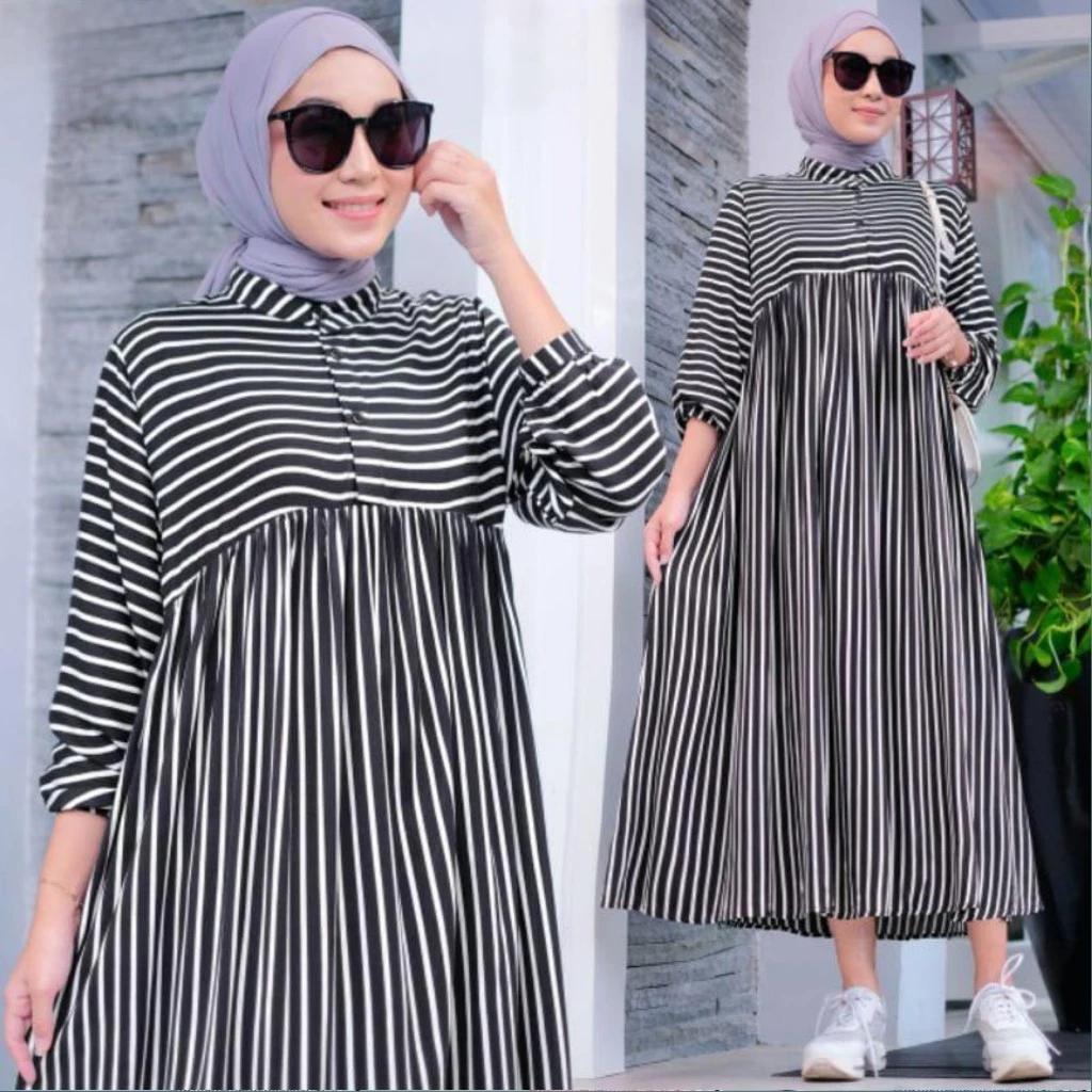Midi Dress Gamis Terbaru Motif Salur Stripe Katun Wanita Remaja Gress