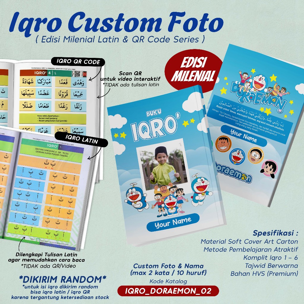 BUKU IQRO CUSTOM NAMA - BELAJAR MENGAJI ANAK - IQRO GAMBAR KARAKTER KARTUN ROBOT KUCING BIRU DORAEMO