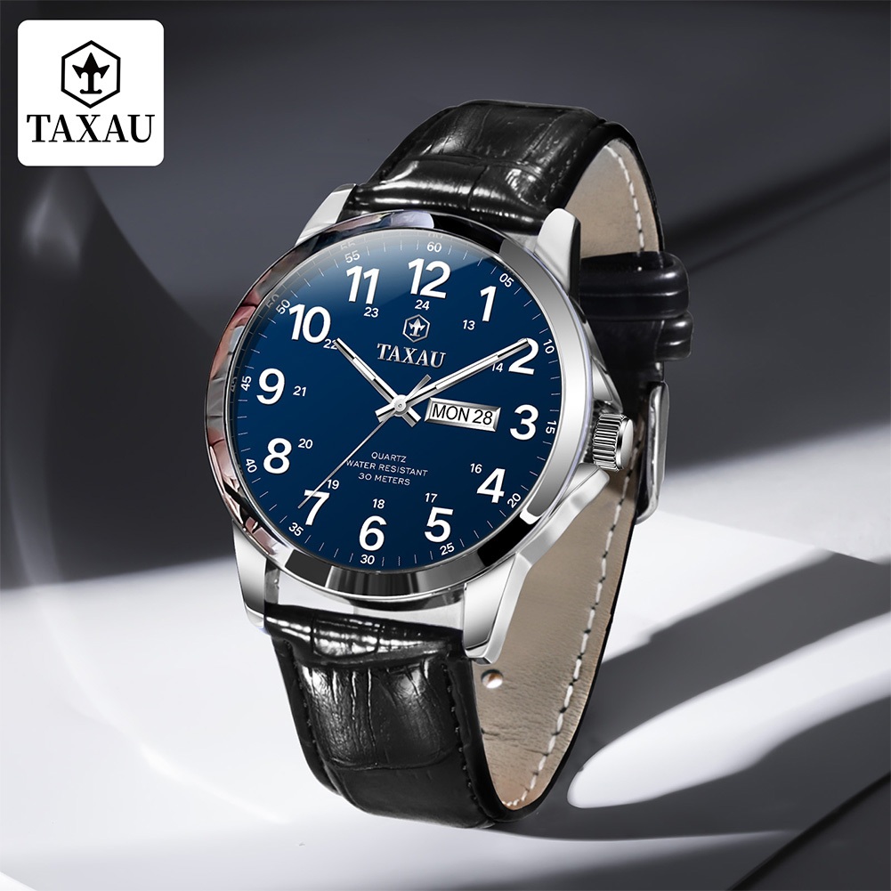 TAXAU Jam Tangan Pria Anti Air Original Branded Mewah Cowok Kulit Kuarsa Analog Luminous Kalender Ke