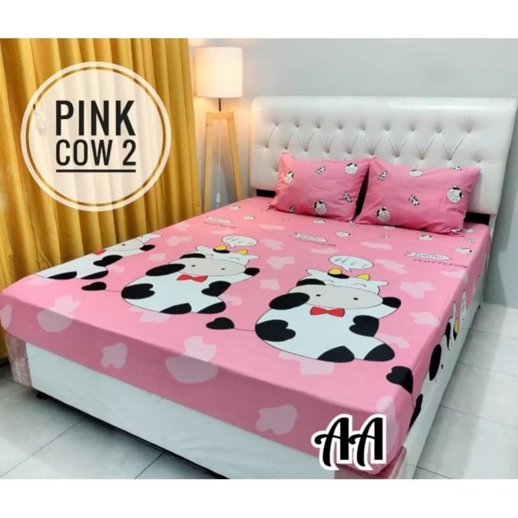 SPREI KARET KATUN PREMIUM 90/100/120/140/160/180/200 motif Sapi cow pink