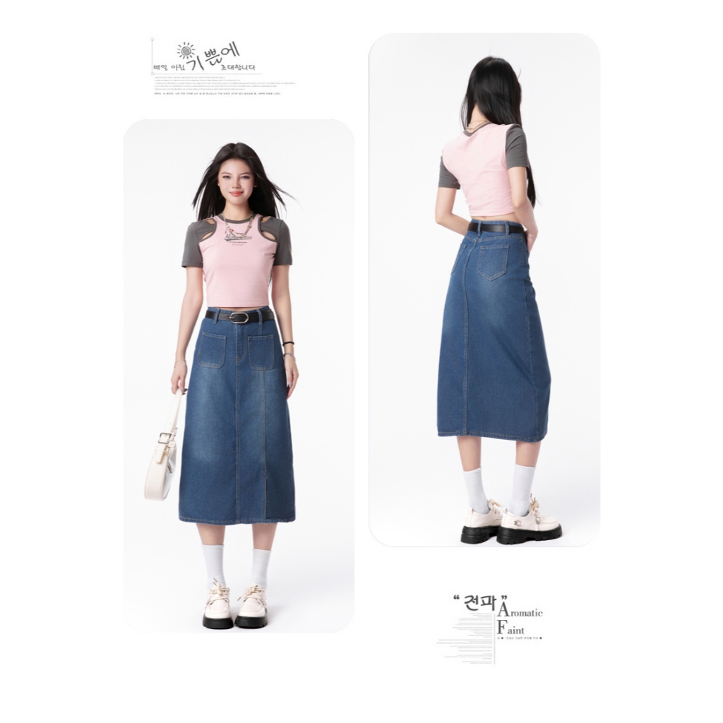 Rok Midi Denim Fashion Rok A-line Highwaist Biru Retro