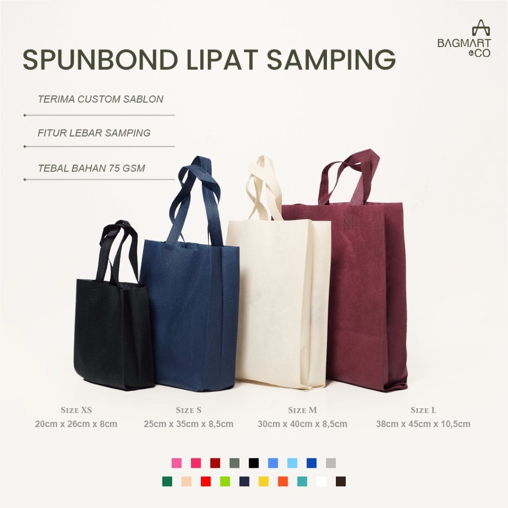 

Tas Spunbond 75Gsm Tebal Tali Jinjing Tote Bag Warna Goodie Bag Suvenir 4 Ukuran 25x35 30x40 38x45