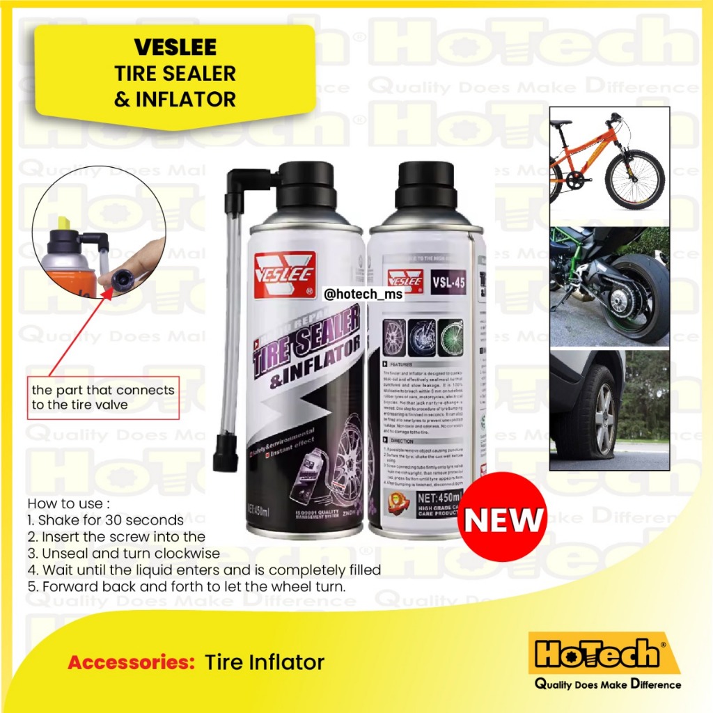 VESLEE Tire Sealer & Inflator 450ml Cairan Tambal Ban Tubeless Bocor Formula Lem 6mm untuk Velg 16 I