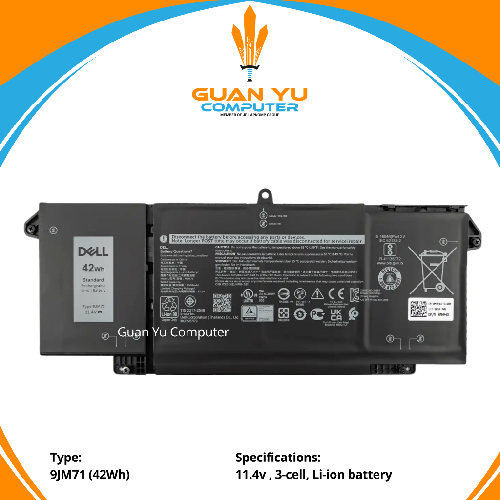Baterai Battery Dell 9JM71 42Wh Latitude 5320 7520 7320 7420, Latitude 7320 5320 7420 2-in-1 Series