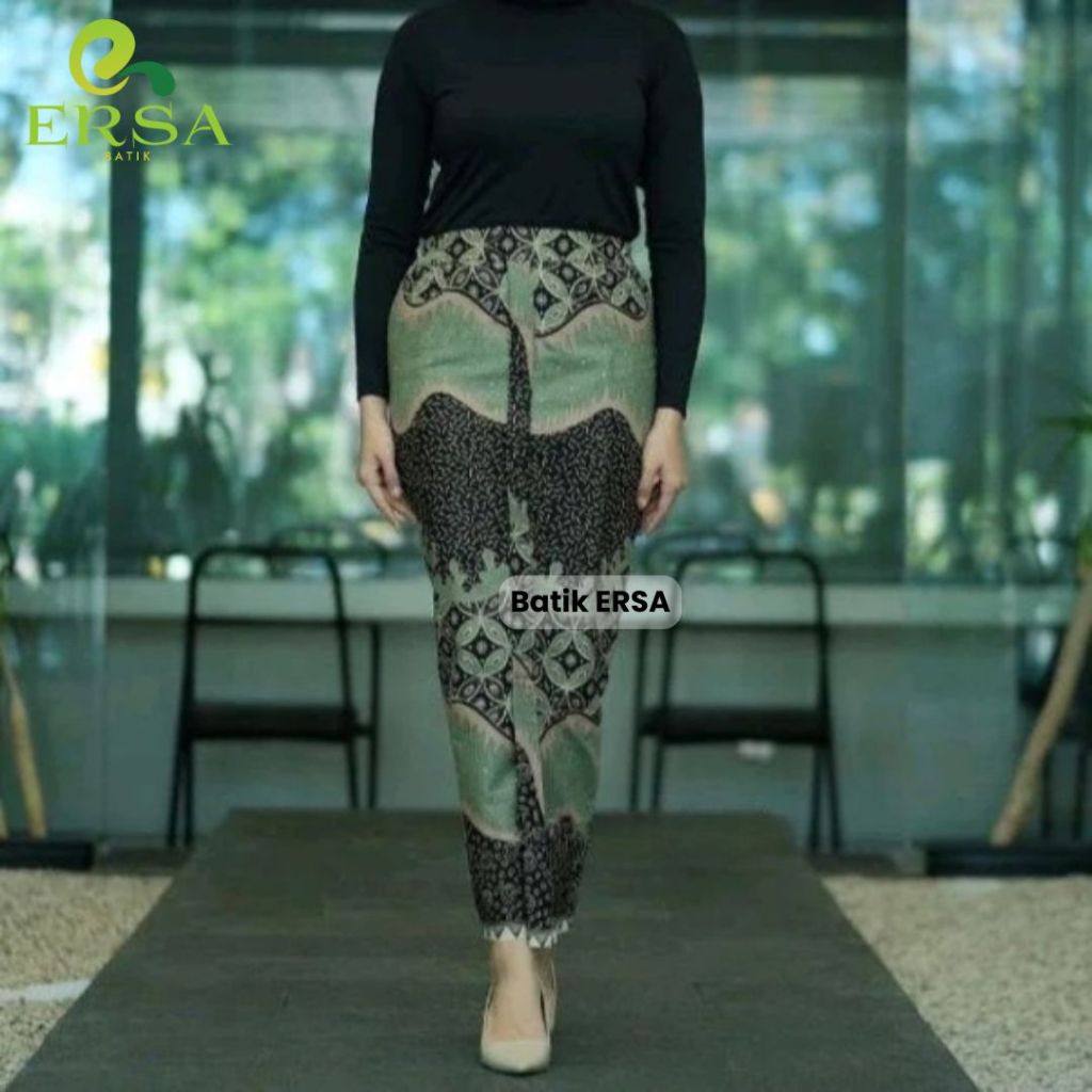 ERSA Rok Batik Bawahan Wanita Jarik Wiru Manten Khas Solo Motif TRUNTUM HIJAU SAGE MINT Bahan Katun 