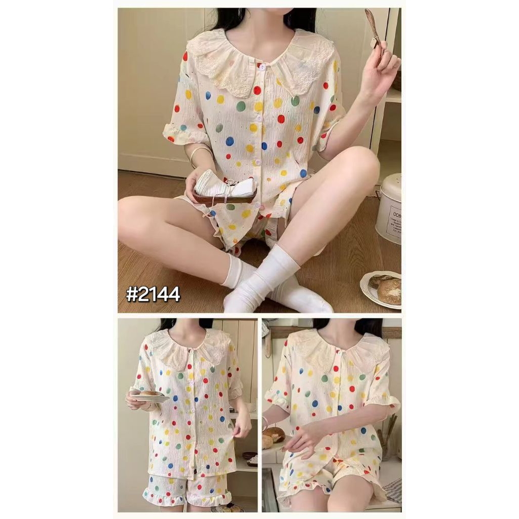 Set polka 2144 Bahan kringkel halus IMPORT Wanita Setelan Celana Baju Atasan Pendek Kulot Katun Rayo