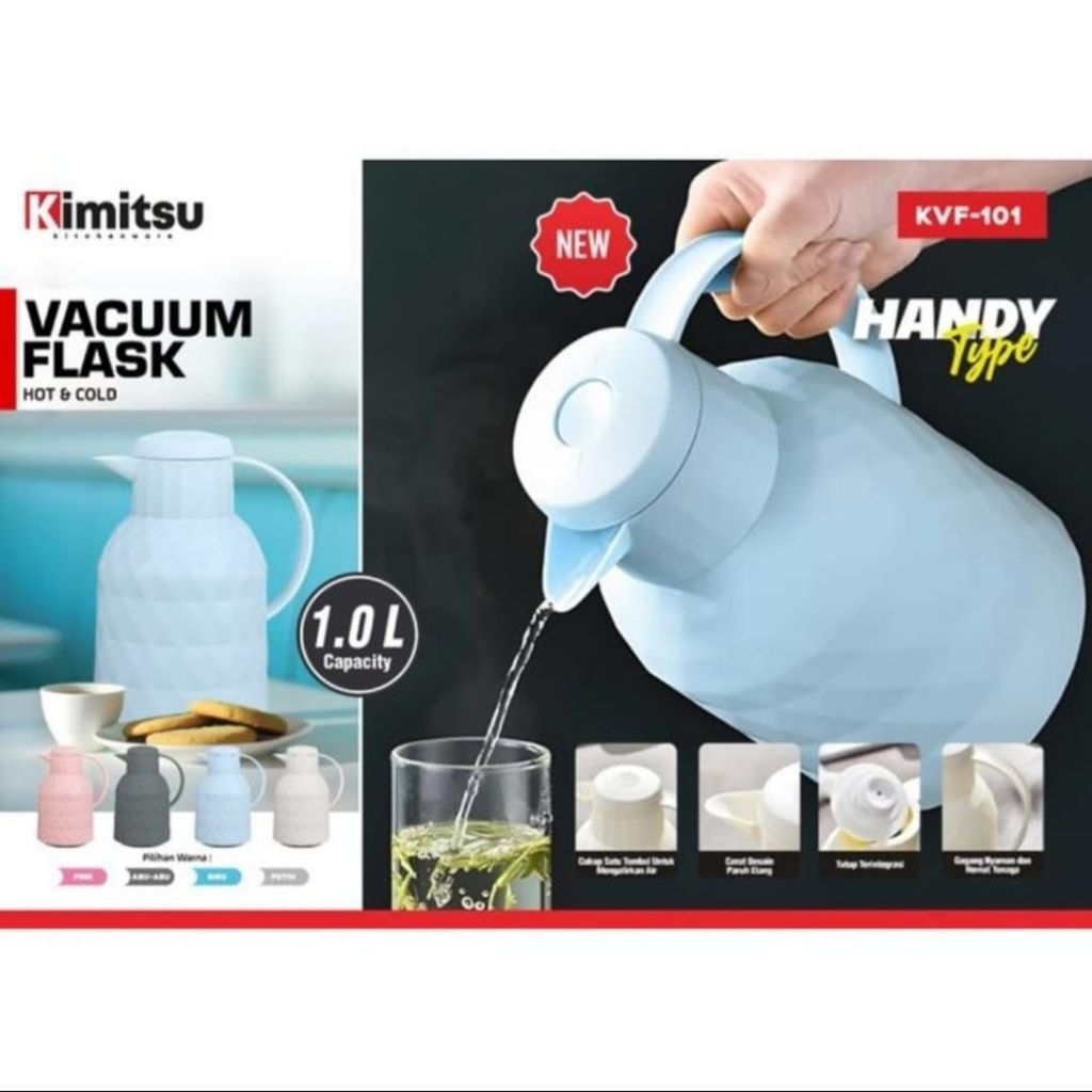 Termos air panas 1 liter tabung kaca tahan 12 jam type handy kimitsu