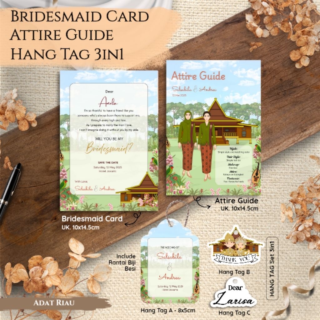 Kartu Bridesmaid Card + Attire Guide + Hangtag 3in1 by Bridespride - Bisa Custom - Adat Palembang
