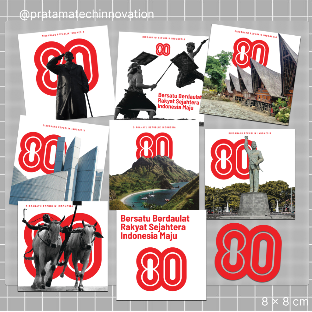 

Stiker HUT RI ke-80 Isi 9 – Bahan Vinyl Glossy Premium Tahan Air 8x8 cm