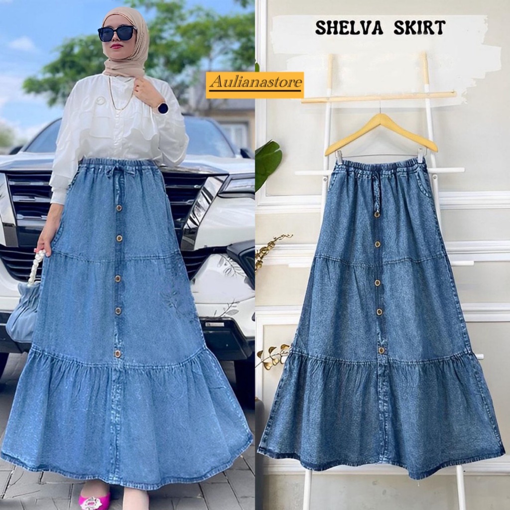 Shelva Skirt Umbrella Rok Jeans Wanita Terbaru/Rok Jins Susun Panjang Denim Variasi Kancing Depan Ke
