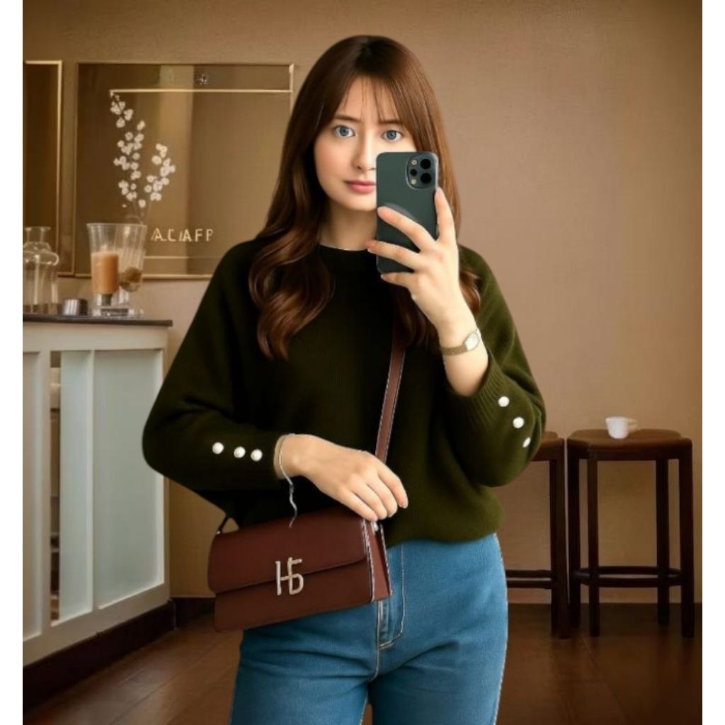 kaos wanita lengan panjang bahan waffle atasan wanita bahan waffle