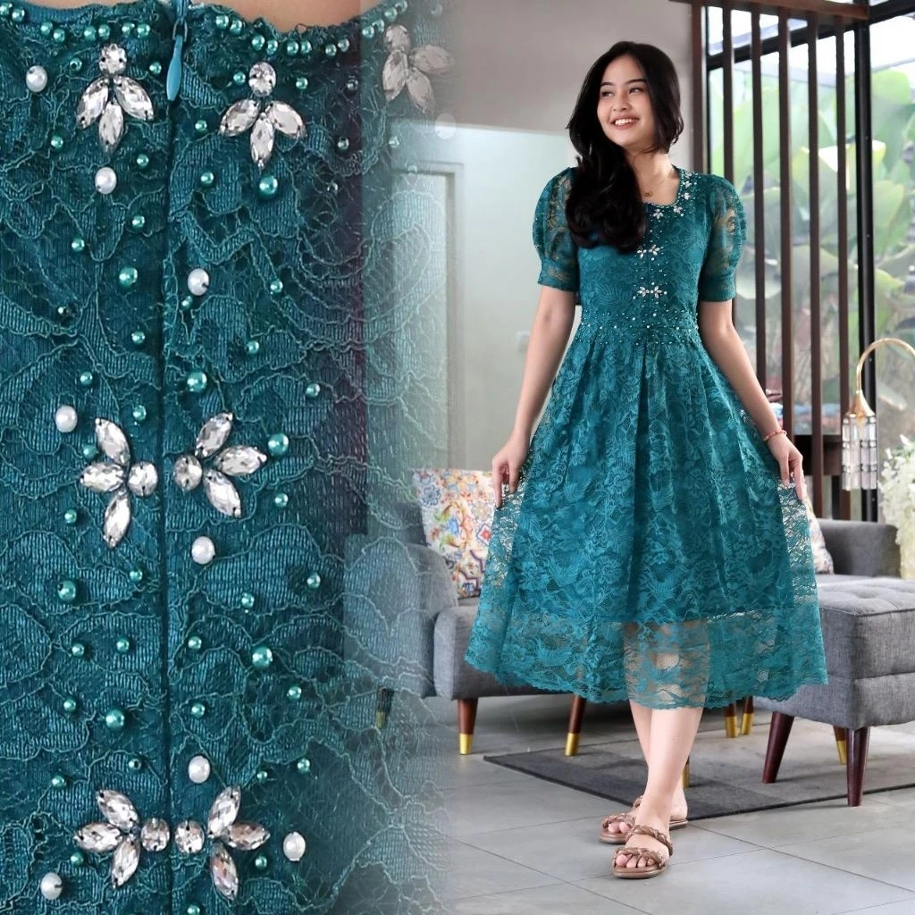 Z - Dress Brokat Pesta Wanita Terbaru 2025 – Gaun Kondangan Natal Elegan Gisella Emerald M–XXXL