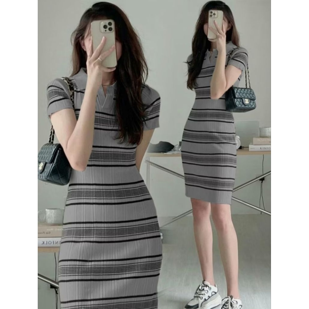 DRESS RAJUT LISAI STRIP KERAH POLO SALUR KNITWEAR PREMIUM QUALITY