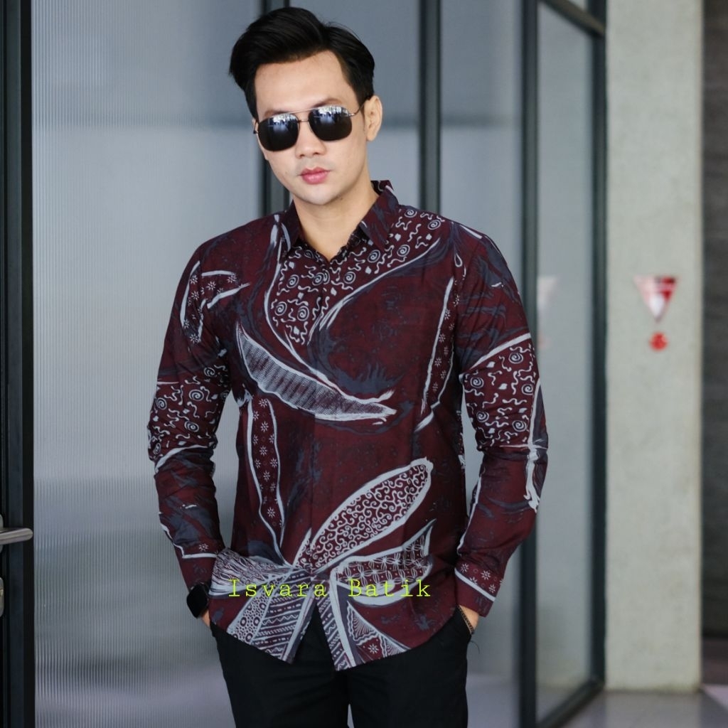 ISVARA BATIK Kemeja Batik Pria Merah Marun Lengan Panjang Pendek Bahan Katun Lapis Furing Adem Dan N