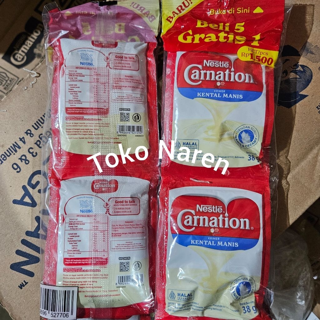 

Susu Krimer Kental Manis Carnation ( mawar ) Renceng isi 6 berat 38gr per pcs
