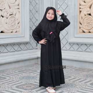 Sumayyah- Gamis Anak Hitam  Bahan Rayon Twill Set Plus Jilbab Usia 1-10 Tahun