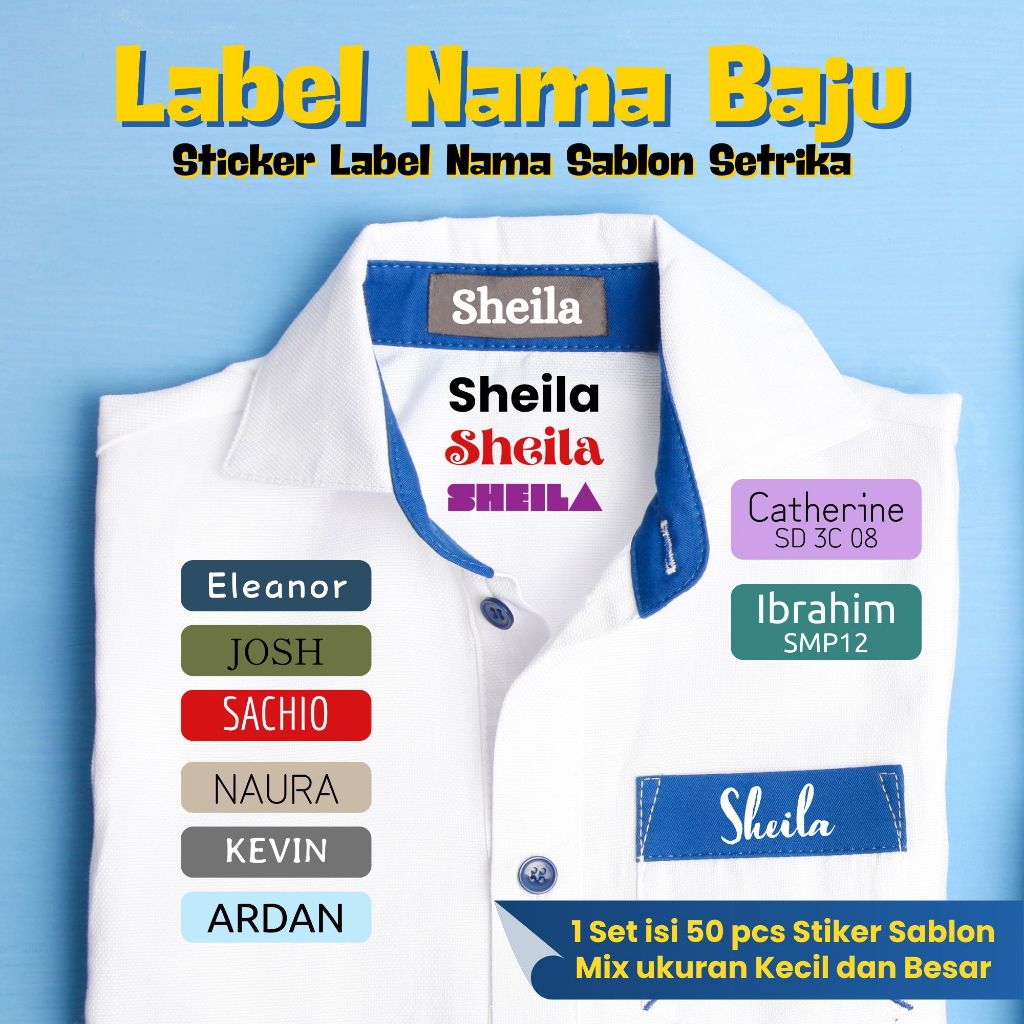 

Sticker Baju Stiker Label Nama Sablon Setrika Cetak Isi 50+ Pcs Untuk di Kain / Kaos / Seragam Sekolah - Label DTF