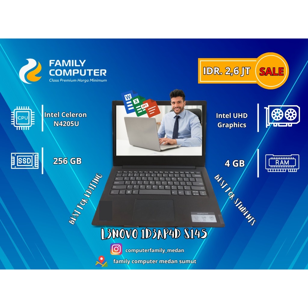 LENOVO IDEAPAD S145 | CELERON N4000 | RAM 4GB SSD 256GB