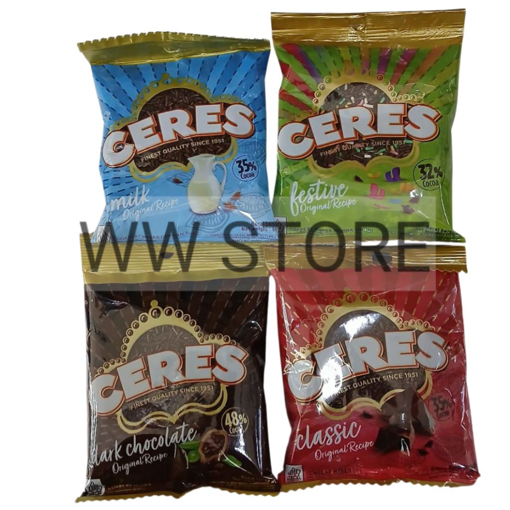 

Butiran coklat paduan meses meises butir tabur rasa cokelat hitam susu klasik asli polos aneka warna - warni halal MUI CERES Dark 75g Milk Classic Festive 80g Compound Chocolate Rice