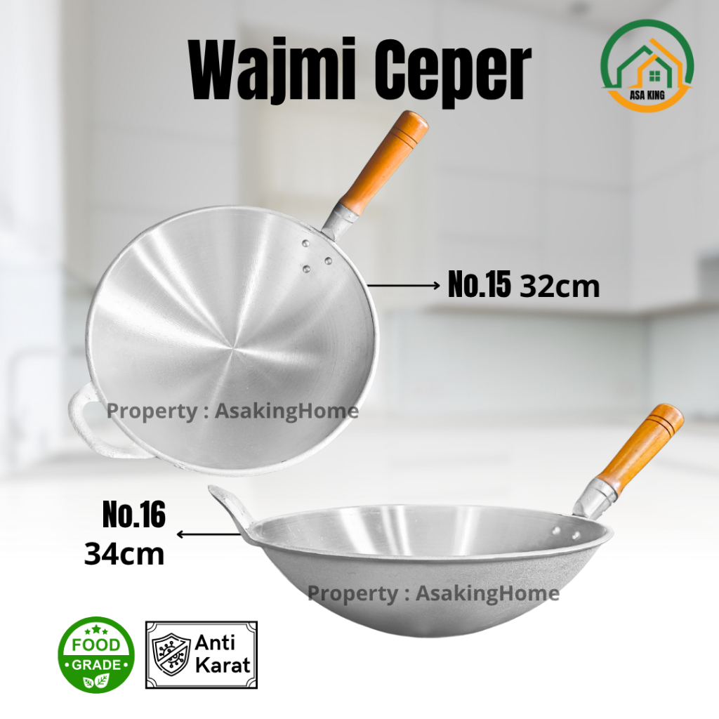 Wajan Gagang Kayu Ceper No 15/16 Bakmie Nasi Goreng  Seblak Aluminium Tebal Anti Lengket Asaking