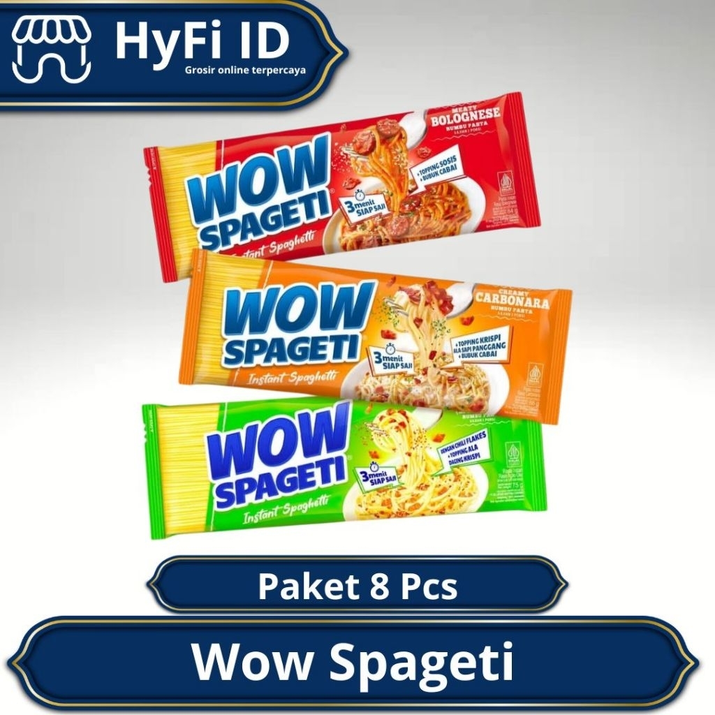 

Wow Spageti Paket Hemat 8 Pcs - mie spaghetti instan ala resto dengan rasa Aglio Olio / Bolognese / Carbonara