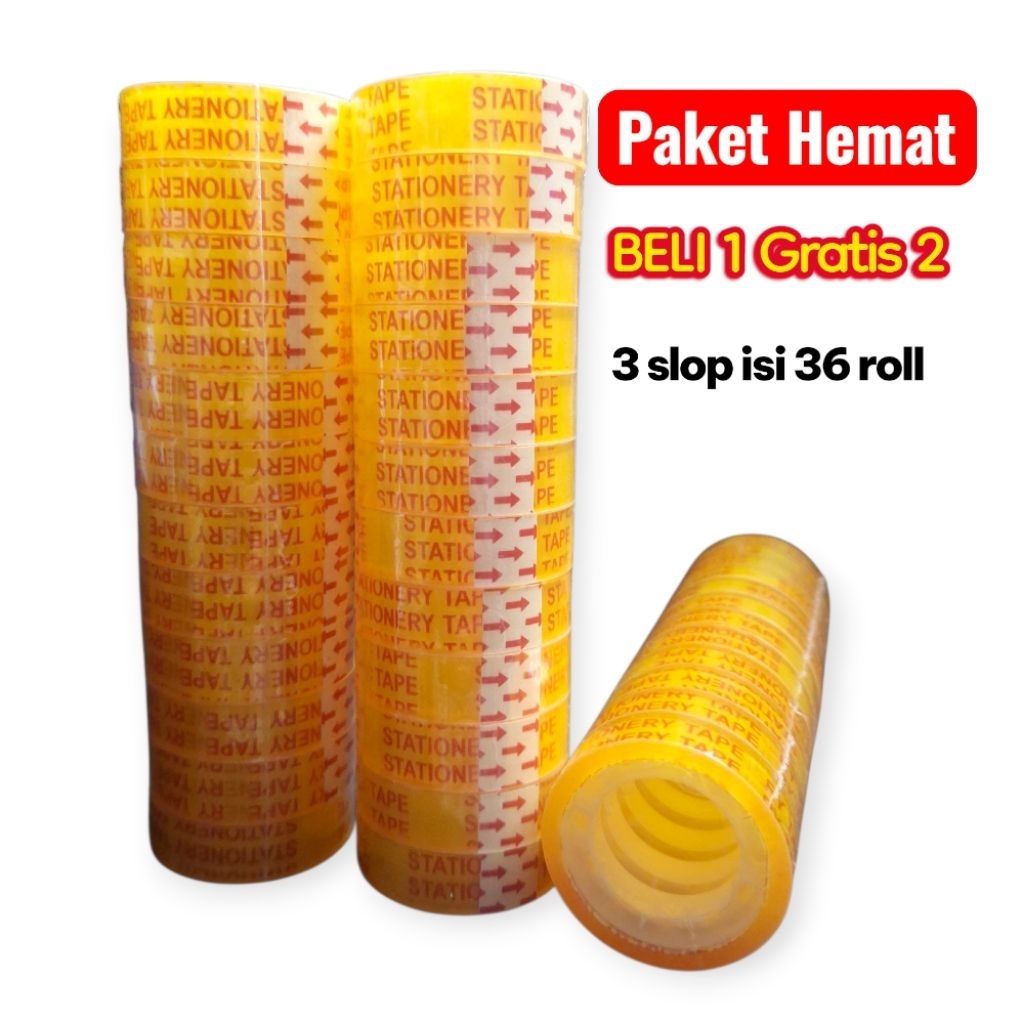 

Grosir isi 3 Slop/36 roll Isolasi Kado Bening 10Yard -isolasi Kado Packing Tipis/isolasi/pita Perekat/solasi/sealtape
