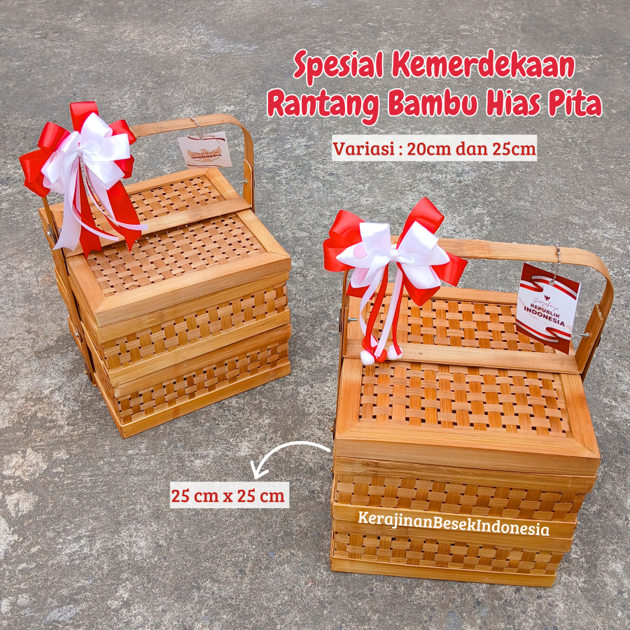 Rantang Bambu 2 Susun PITA KEMERDEKAAN Keranjang Hampers Bambu 25cmTenong catering Besek susun kotak