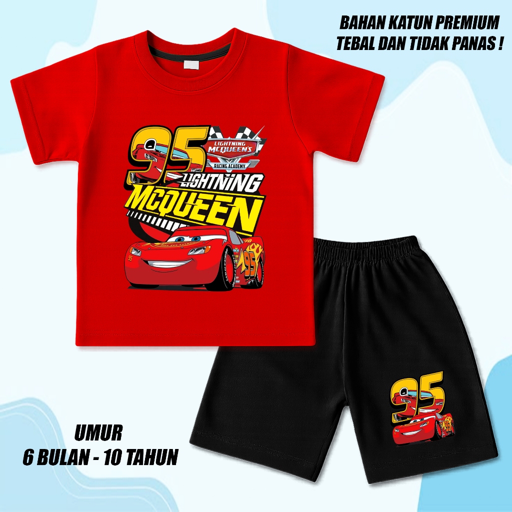 Baju setelan stelan set kaos anak cowok cewek laki laki perempuan unisex hitam mc queen cars 2