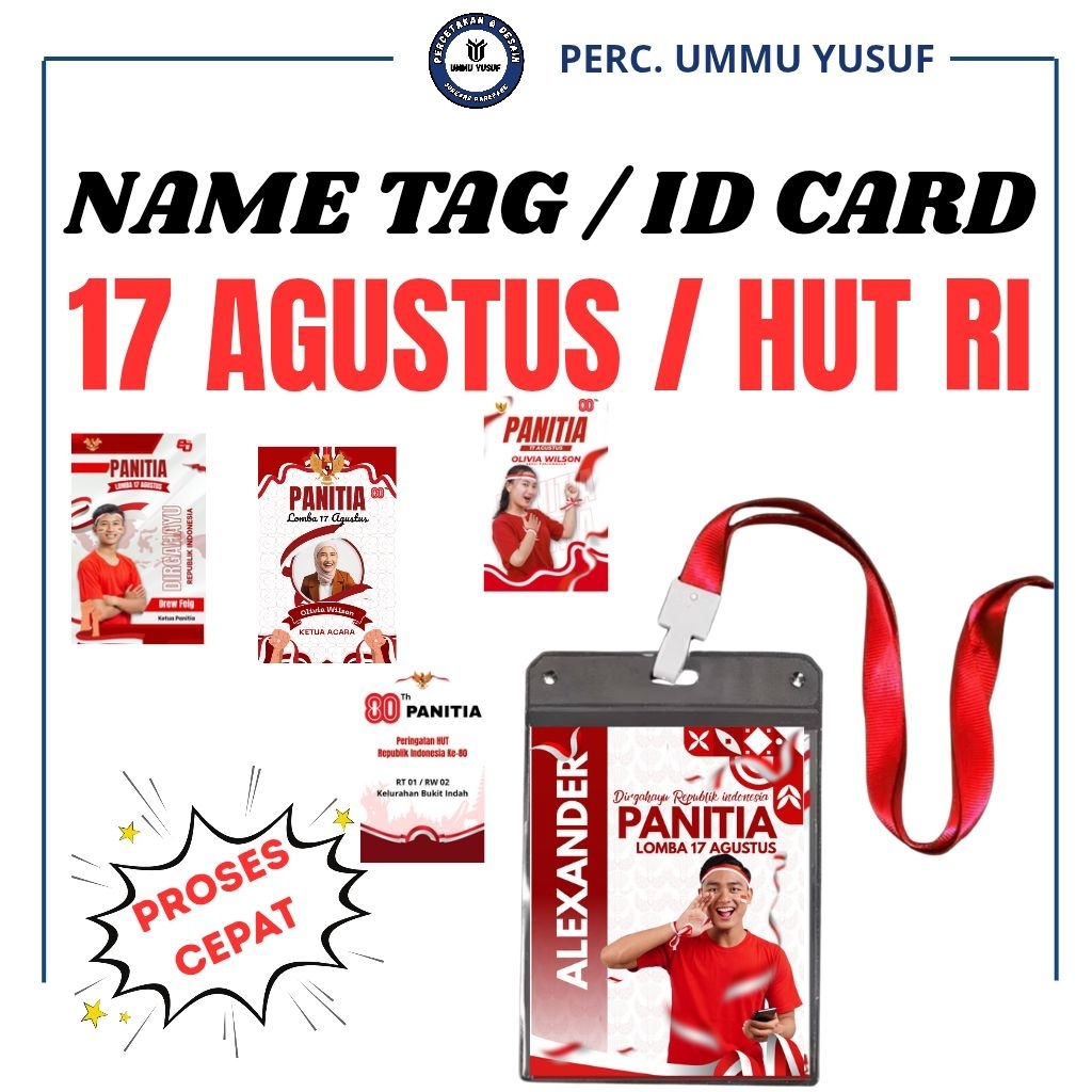 

Name Tag Panitia Ukuran 8x12cm Plastik+Tali, Id Card Panitia 17 Agustus Dirgahayu HUT RI