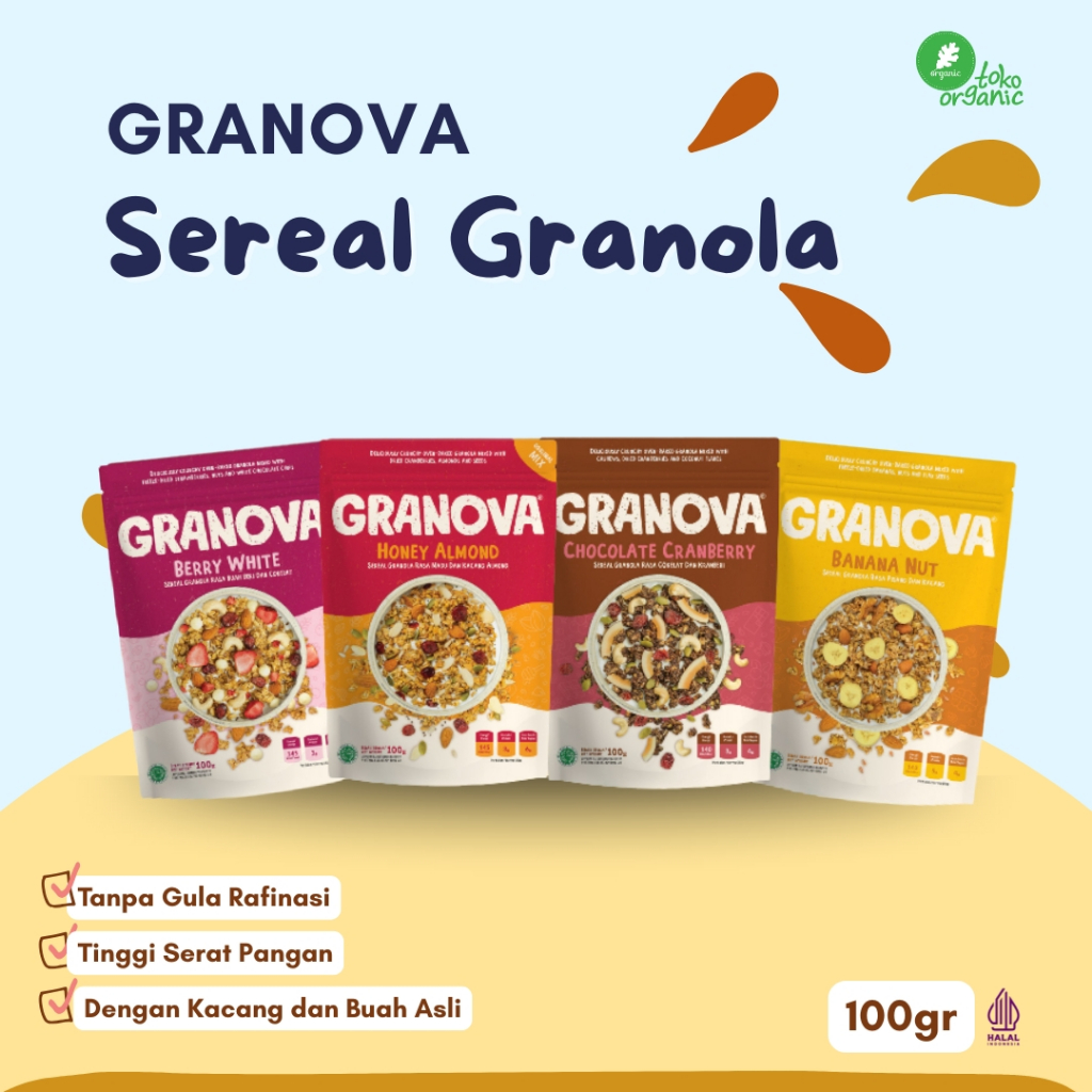 

Granova Granola 100gr | Sereal Granola (Honey Almond, Choco Cranberry, Berry White, Banana Walnut) - Sereal, Sarapan Sehat, Halal | Cereal Granola, Healthy Granola, Diet Friendly