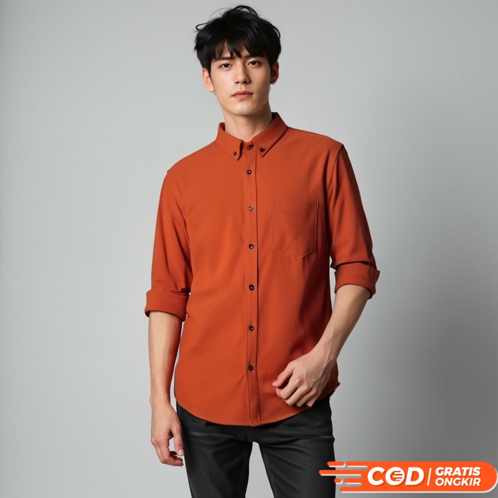 Kemeja Pria Lengan Panjang Orange Bata / Kemeja Orange Pria