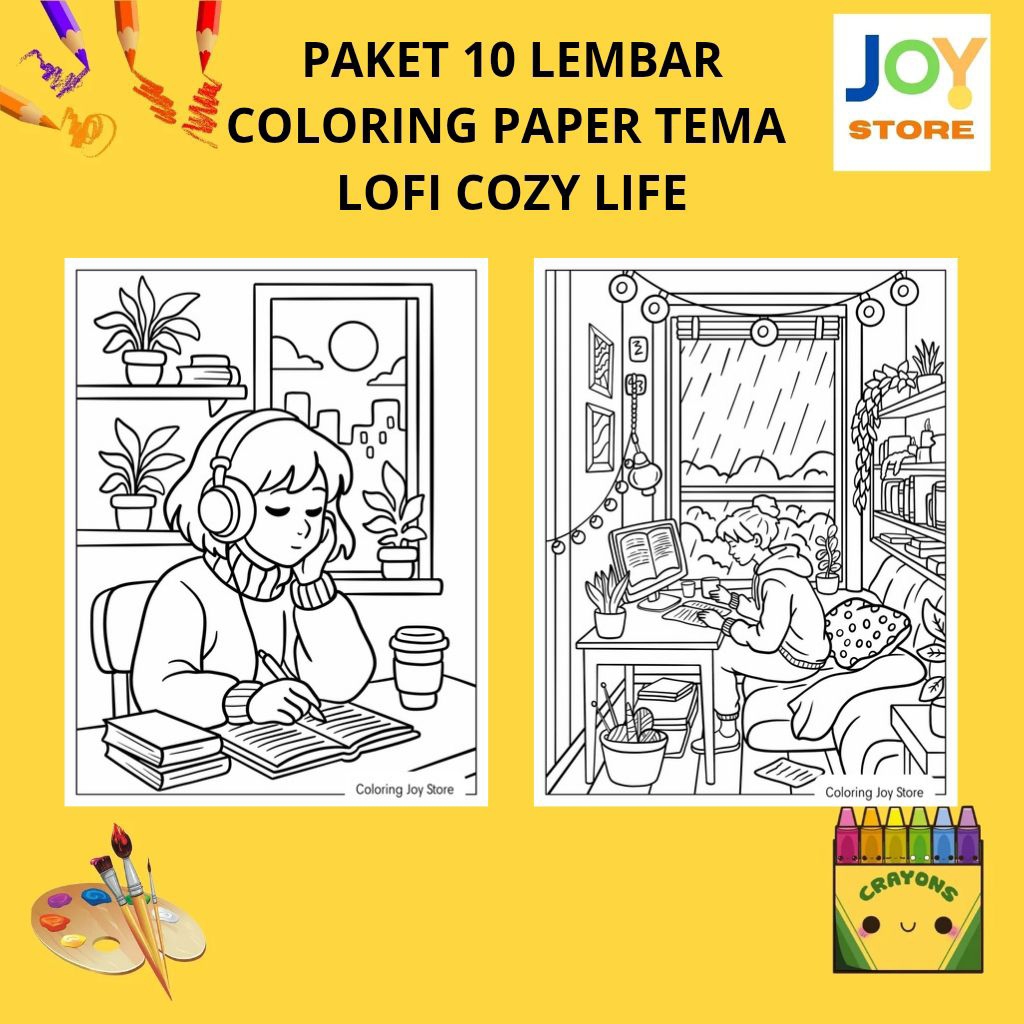 

PAKET 10 Lembar Kertas Gambar Mewarnai Tema Lofi Cozy Life / Aesthetic Living Room Ukuran A4 150 gsm - Coloring Paper 137