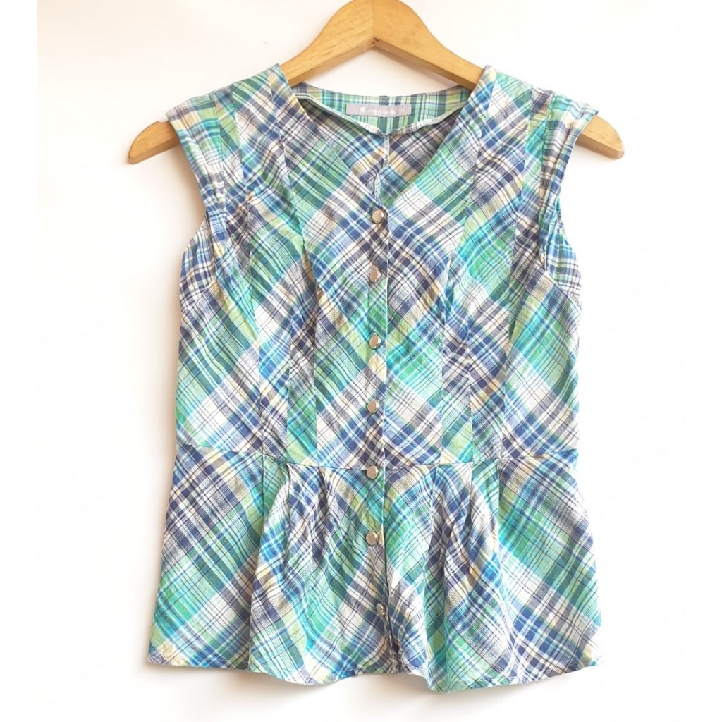 Blouse Kemeja Vest Outer Peplum Merek ARNALDO BASSINI Wanita Motif Plaid Kotak-kotak Tartan Biru Hij