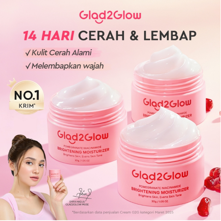 Glad2Glow Pomegranate Niacinamide Brightening Moisturizer 30g Mencerahkan Pemutih Kulit Gel Pelembab Bercahaya Krim Siang dan Malam Perawatan Kulit Ekstrak Delima Asam Lemak Asam Delima Pelembab Esensi Wajah Perawatan Kulit  Pembersih  g2glow official sto