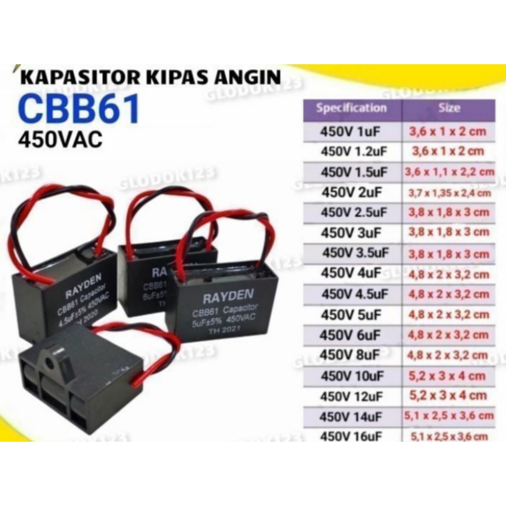 kapasitor kipas angin CBB61 6UF 8UF 10UF 16UF 2 KABEL