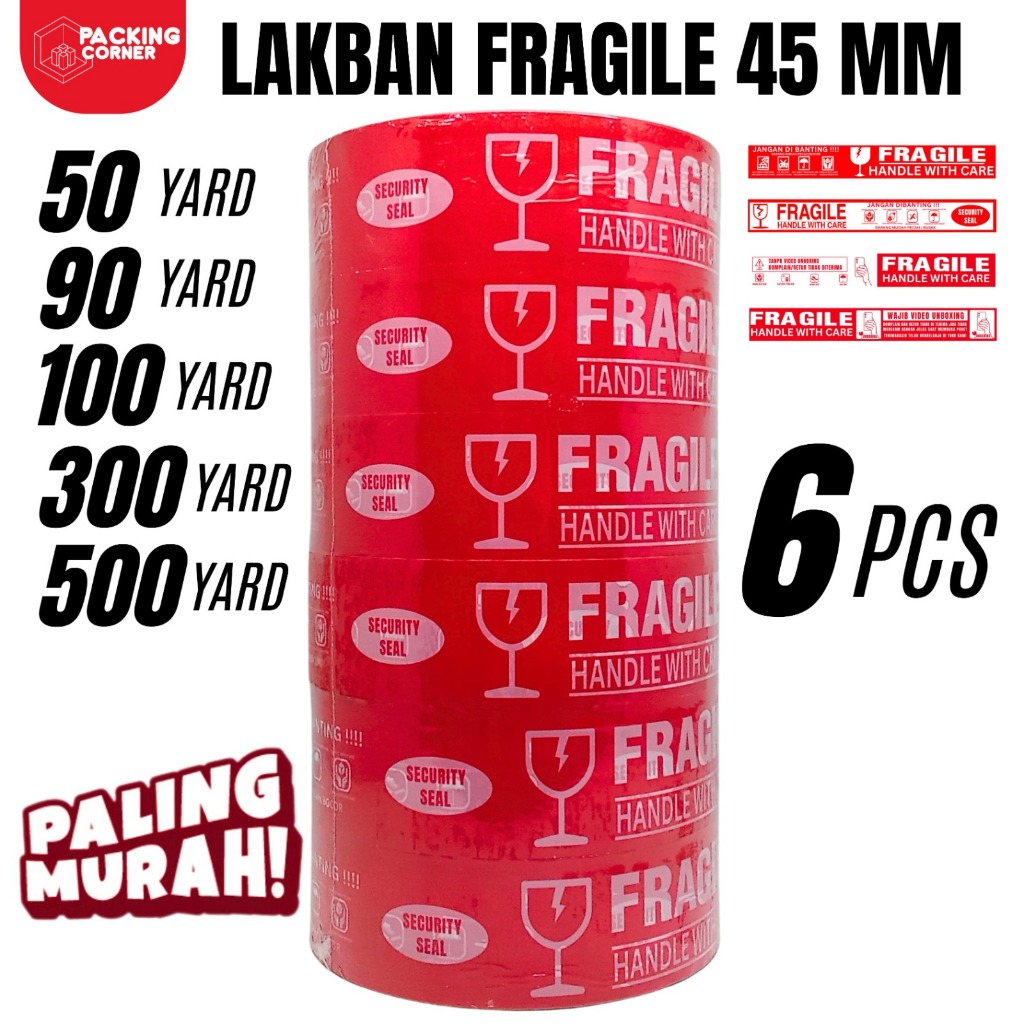 

1 SLOP - 6 PCS Lakban Fragile Merah UNBOXING 90 - 500 YARD