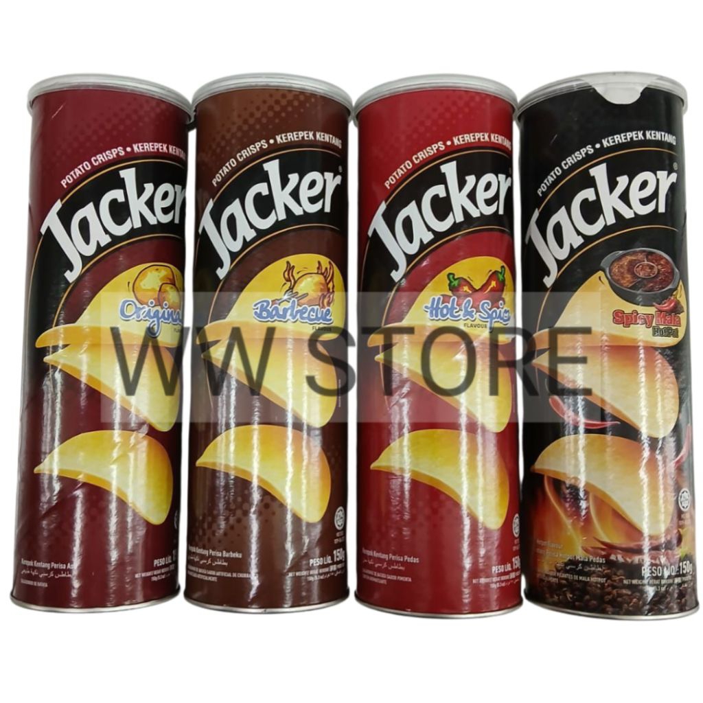 

Cemilan snek makanan ringan keripik kripik kentang rasa asli barbekiu BBQ pedas mala hot pot halal MUI Jacker Original / Barbecue / Hot & Spicy / Mala HotPot Potato Crisp Crisps 150g