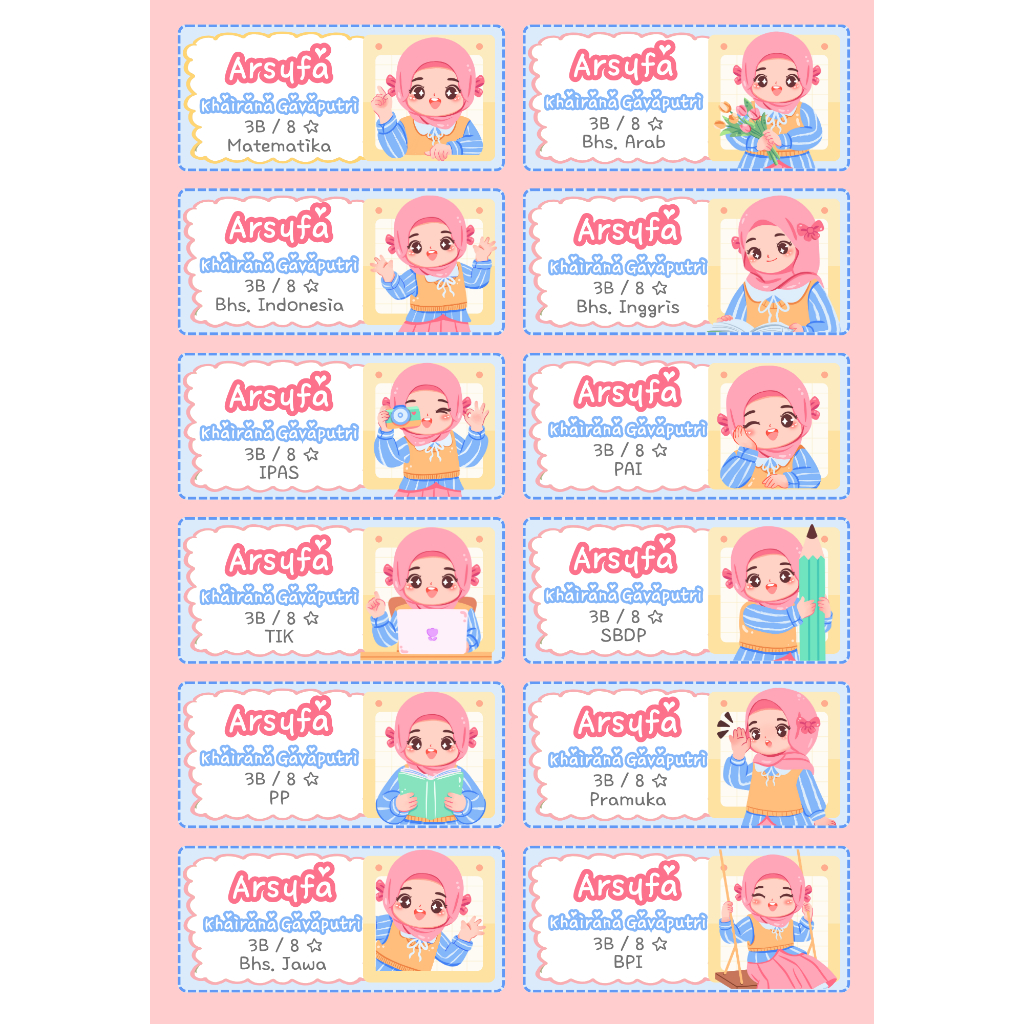 

Sticker Label Nama Buku isi 12pcs (Ukuran 9.5 x 4.3 cm) - Tema Hijab MyMelody Cinnamoroll Capybara Unicorn Mylittle Pony Roblox Kuromi Dsb - Tema Girl Anak Perempuan