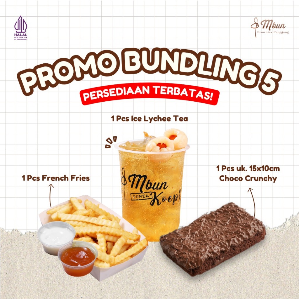

Paket Bundling 5 - Mbun Brownies Panggang | Ice Lychee Tea I French Fries I Makanan Ringan I Minuman I Brownies Panggang I Fudgy Brownies