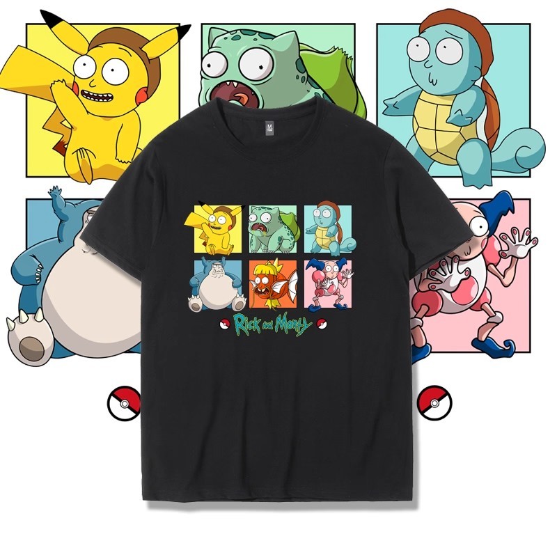 Kaos T-shirt lengan pendek Pikachu kolaborasi Rick and Morty