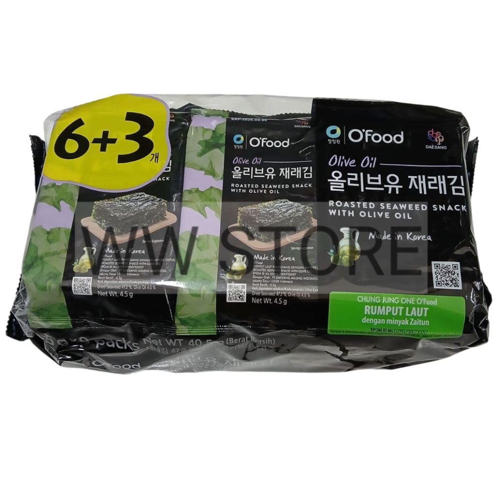 

Cemilan snek makanan ringan rumput laut panggang ( nori ) Korea Korean CHUNG JUNG ONE DAESANG DAE SANG O'Food Roasted Seaweed Snack with Olive Oil 9pcs x 4.5g