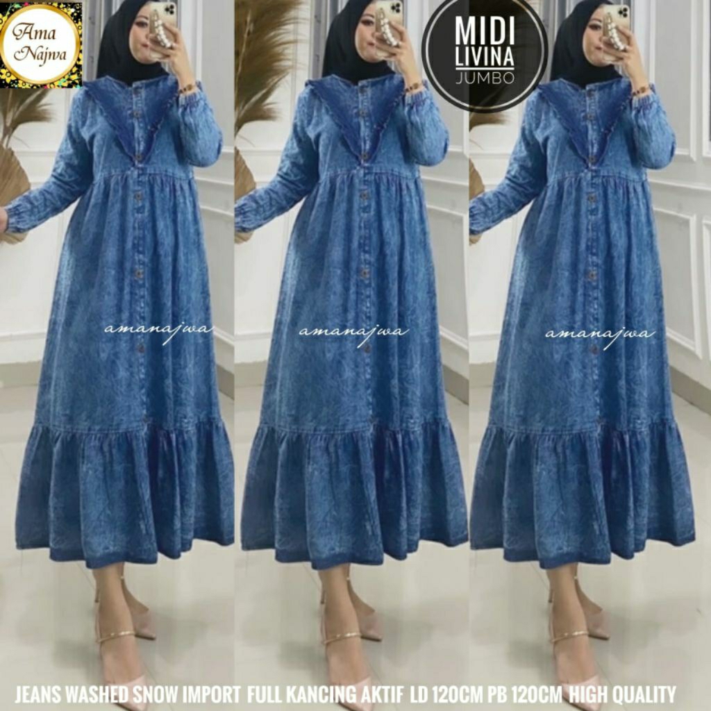 baru Livina Midi dress JUMBO ld 120 Gamis jeans tebal / amanajwa