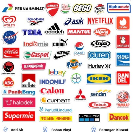 

50 PCS STICKER PACK BRAND PARODY HUMOR LUCU TYPO LOGO UNTUK TUMBLER LAPTOP KOPER HELM